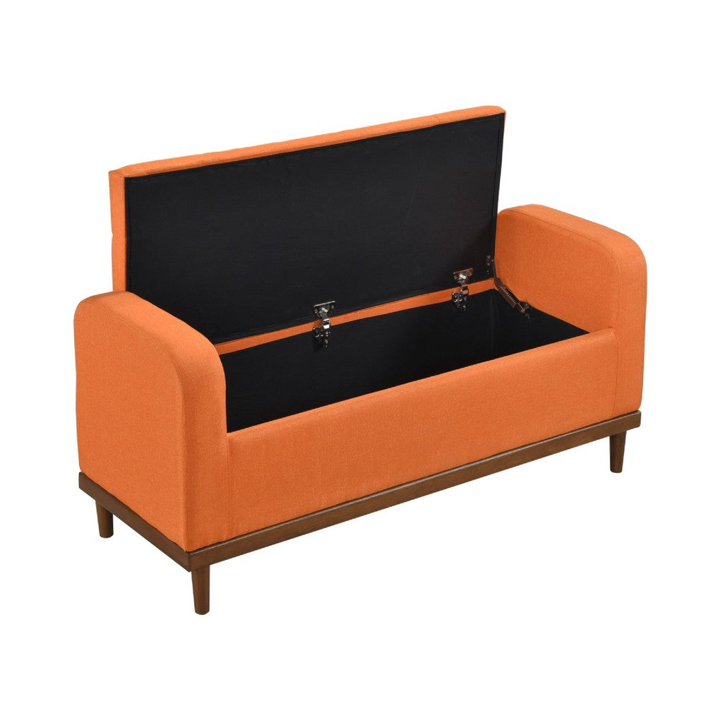 Benjara Bity Lift Top Storage Bench, Orange Textured Fabric, Wood Base 50 Inch