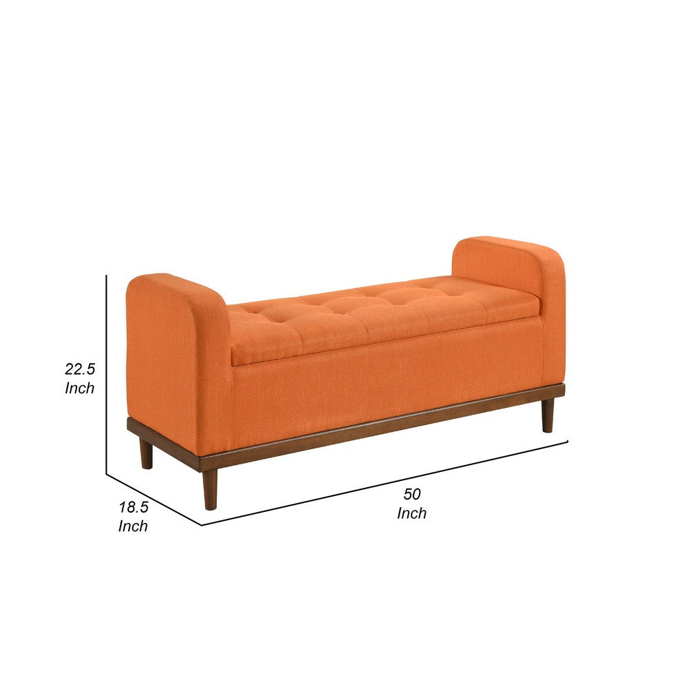 Benjara Bity Lift Top Storage Bench, Orange Textured Fabric, Wood Base 50 Inch