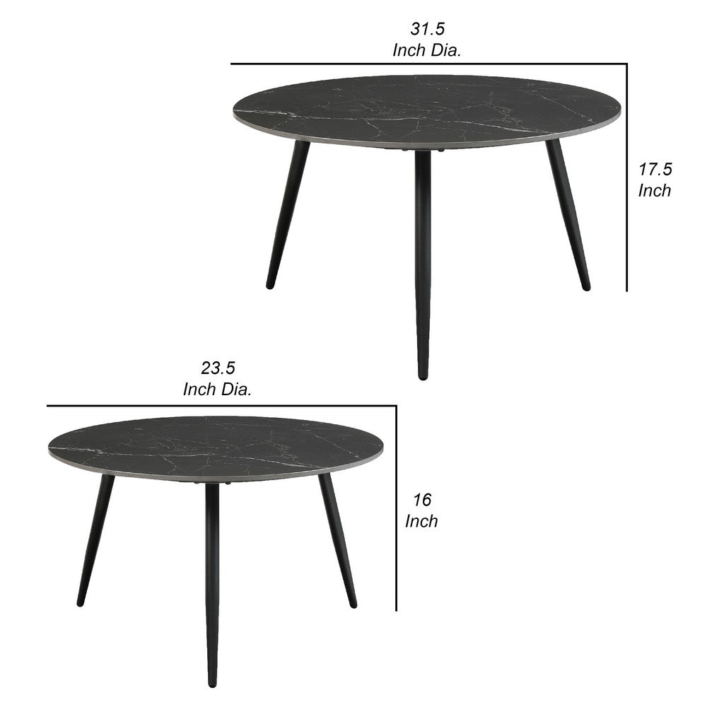 Benjara Lyra 3pc Occasional Coffee Table Set, Nesting Black Stone Top, Black