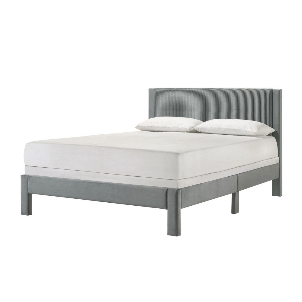 Benjara Cery Full Size Platform Bed, Light Gray Upholstery, Textured Headboard