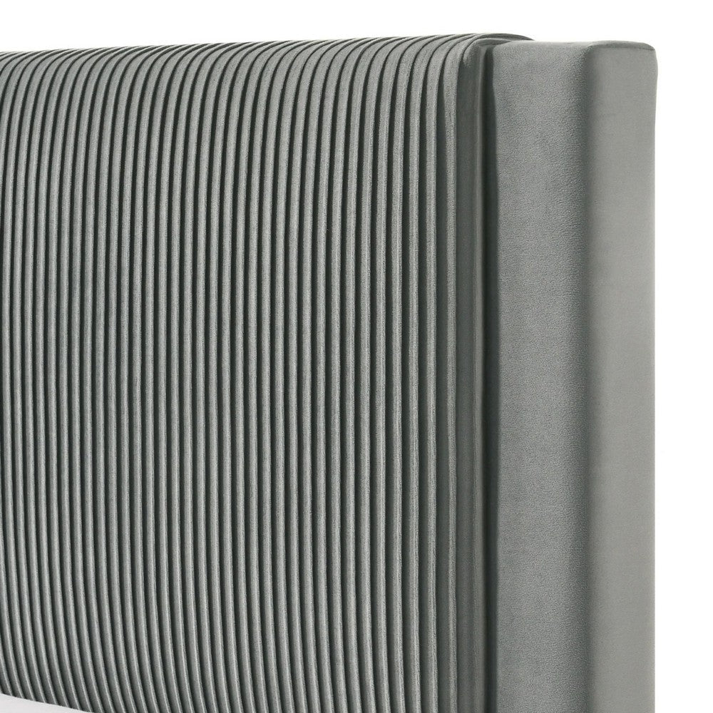 Benjara Cery Full Size Platform Bed, Light Gray Upholstery, Textured Headboard