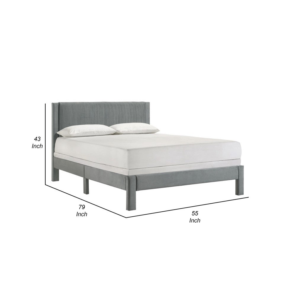Benjara Cery Full Size Platform Bed, Light Gray Upholstery, Textured Headboard