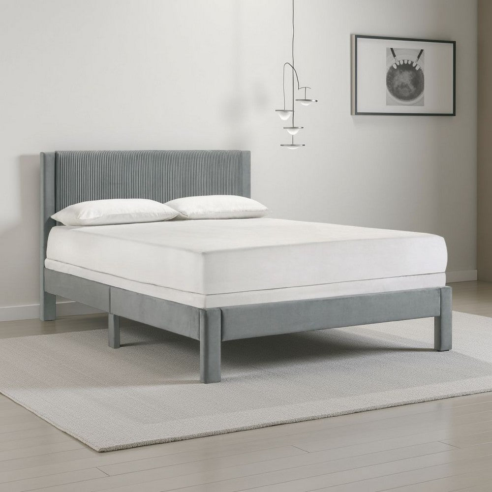 Benjara Cery Full Size Platform Bed, Light Gray Upholstery, Textured Headboard