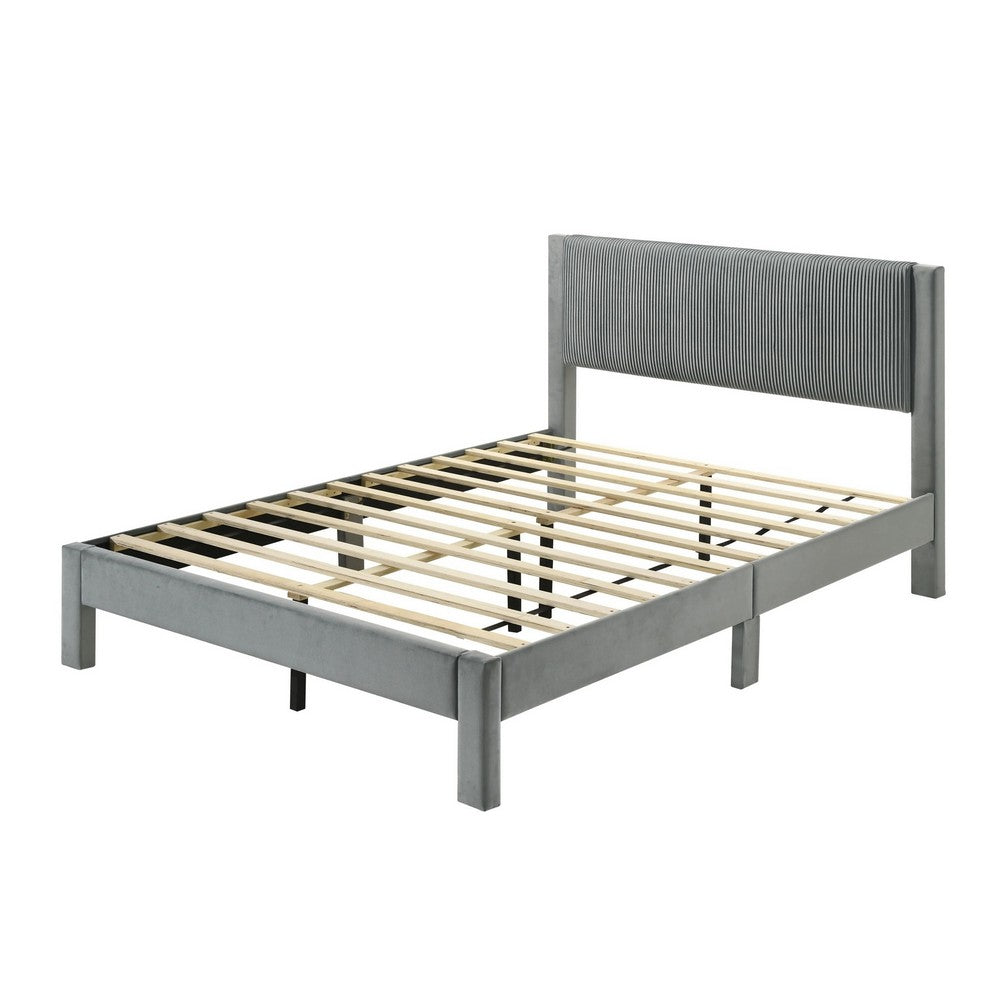 Benjara Cery Queen Size Platform Bed, Light Gray Upholstery Textured Headboard
