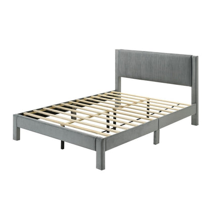 Benjara Cery Queen Size Platform Bed, Light Gray Upholstery Textured Headboard