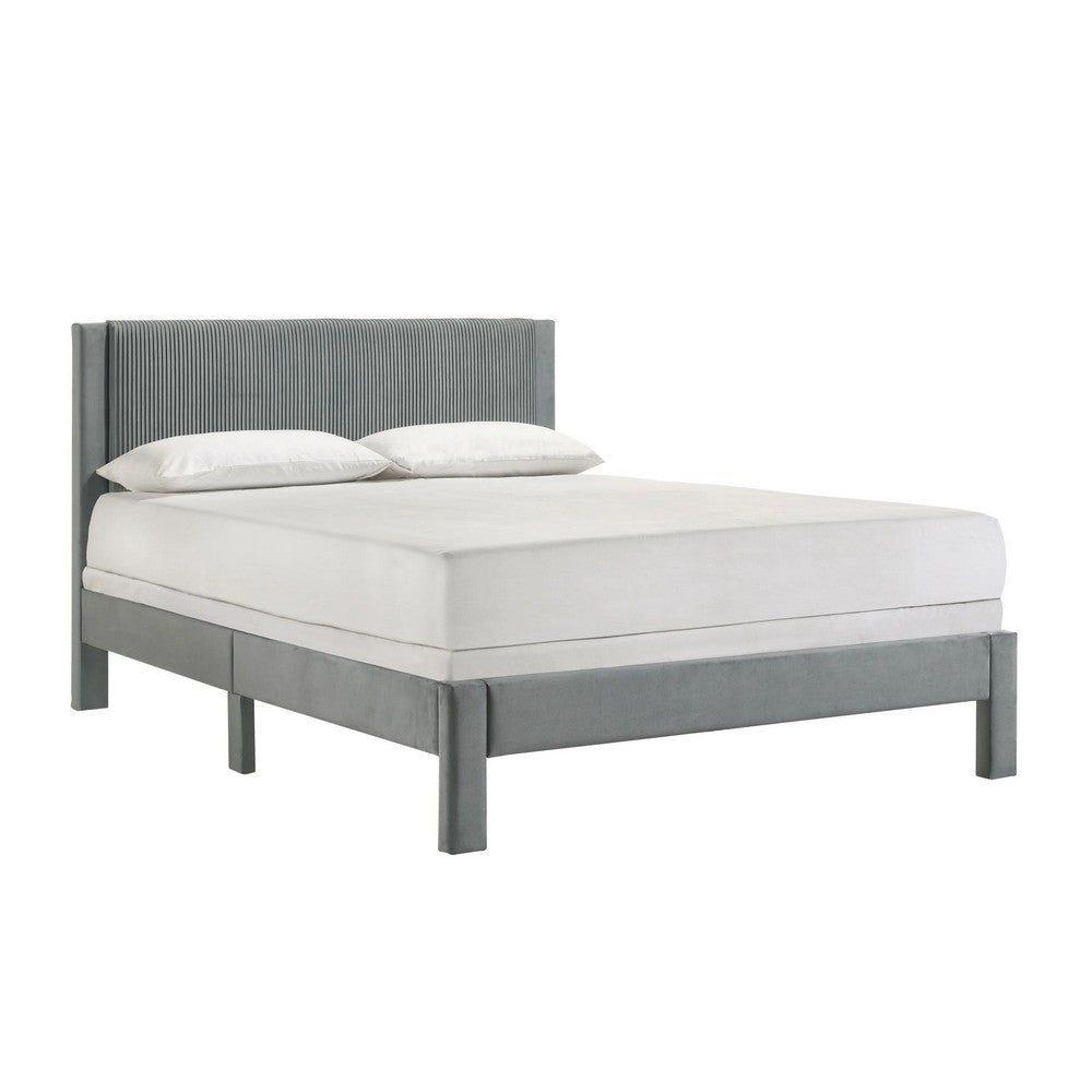 Benjara Cery Queen Size Platform Bed, Light Gray Upholstery Textured Headboard