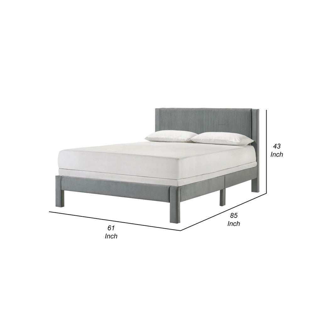 Benjara Cery Queen Size Platform Bed, Light Gray Upholstery Textured Headboard