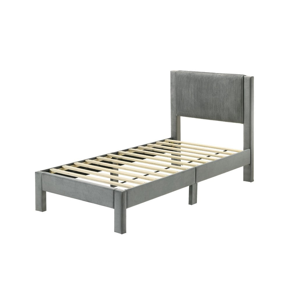 Benjara Cery Twin Size Platform Bed, Light Gray Upholstery, Textured Headboard