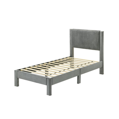 Benjara Cery Twin Size Platform Bed, Light Gray Upholstery, Textured Headboard