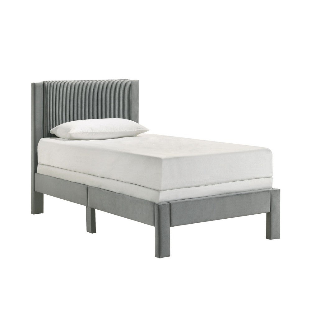 Benjara Cery Twin Size Platform Bed, Light Gray Upholstery, Textured Headboard