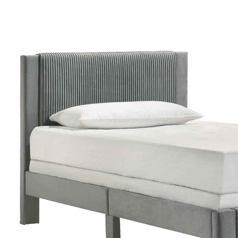 Benjara Cery Twin Size Platform Bed, Light Gray Upholstery, Textured Headboard
