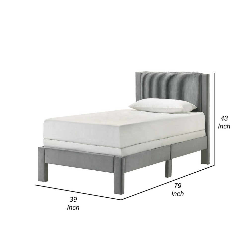 Benjara Cery Twin Size Platform Bed, Light Gray Upholstery, Textured Headboard
