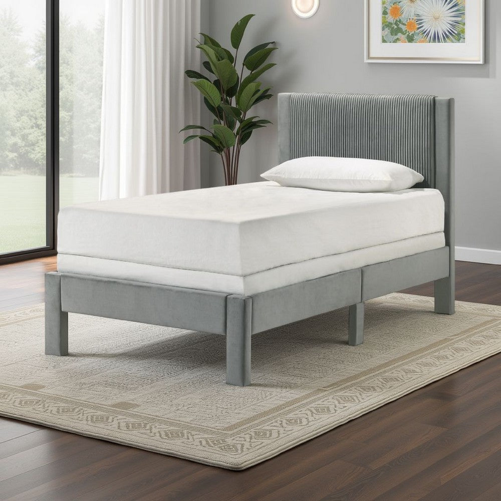 Benjara Cery Twin Size Platform Bed, Light Gray Upholstery, Textured Headboard