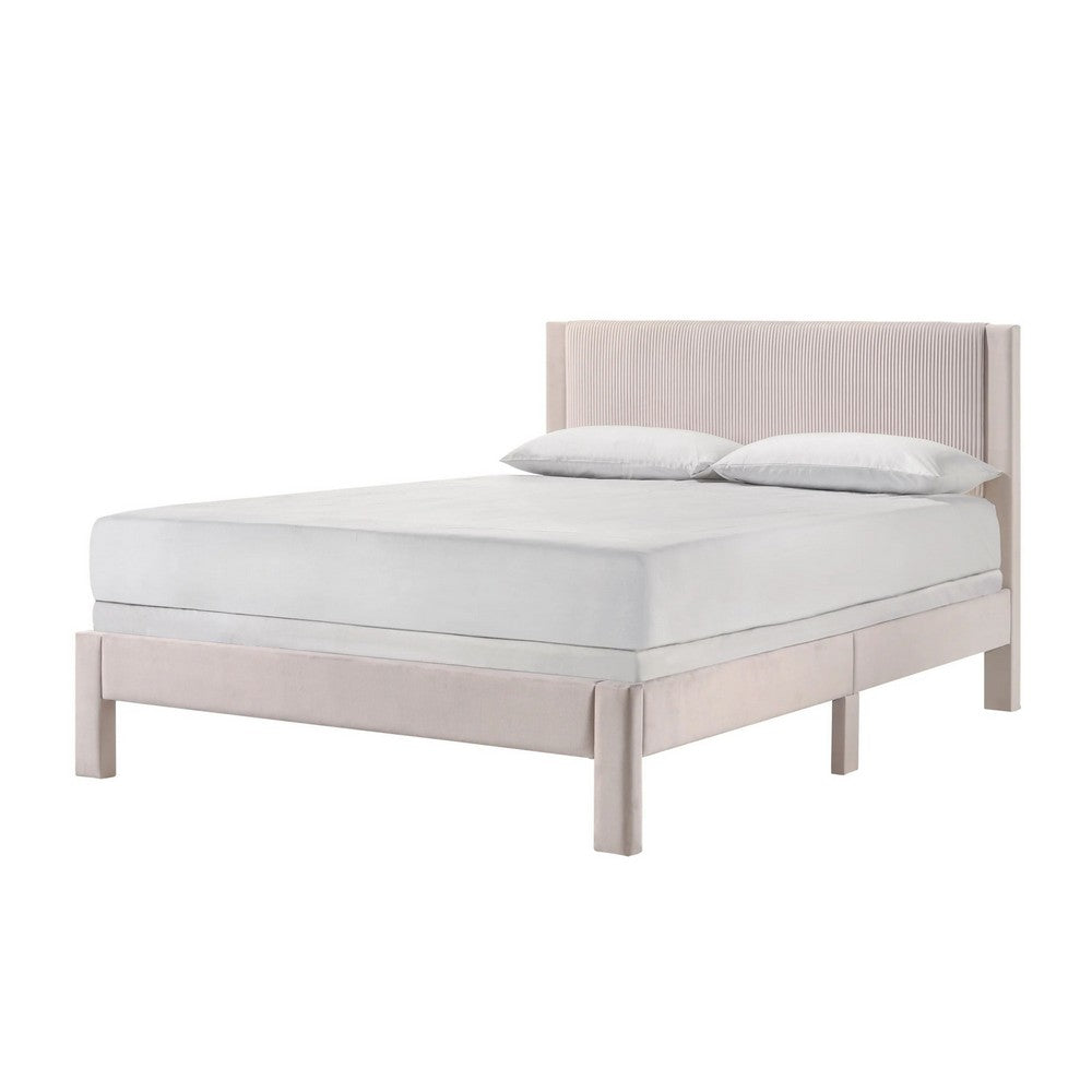 Benjara Cery Full Size Platform Bed, Pink Upholstery, Textured Headboard