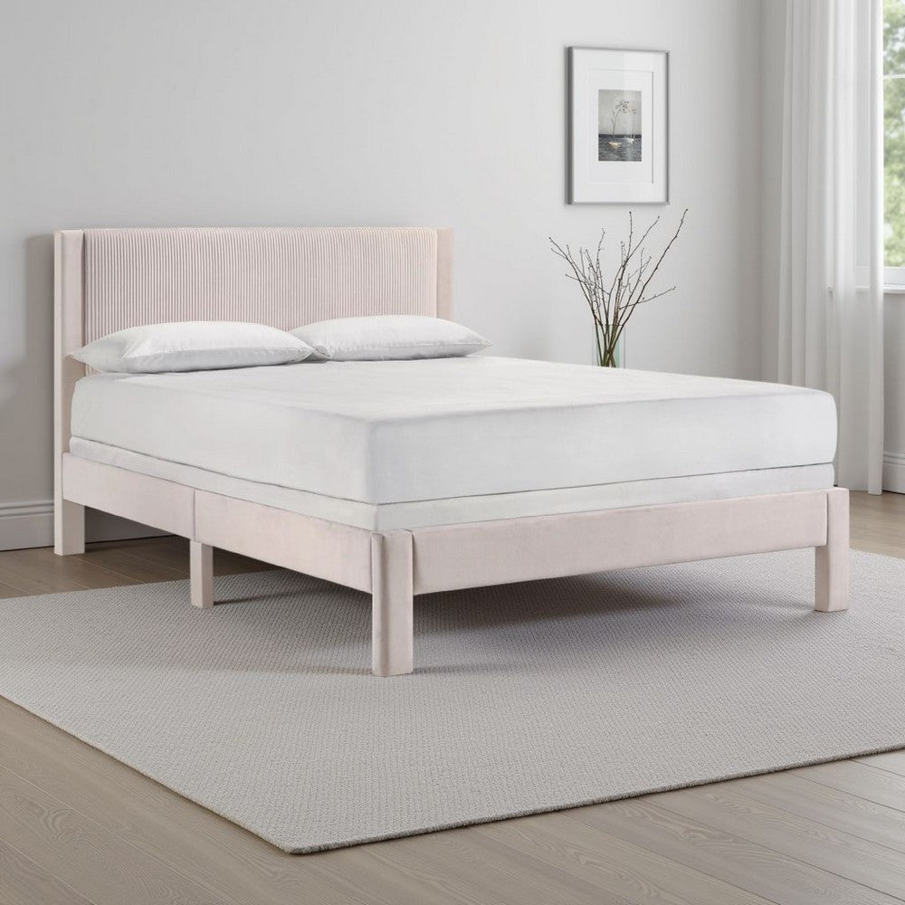 Benjara Cery Full Size Platform Bed, Pink Upholstery, Textured Headboard