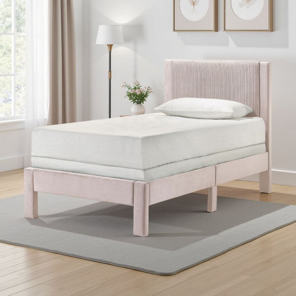 Benjara Cery Twin Size Platform Bed, Pink Upholstery, Textured Headboard