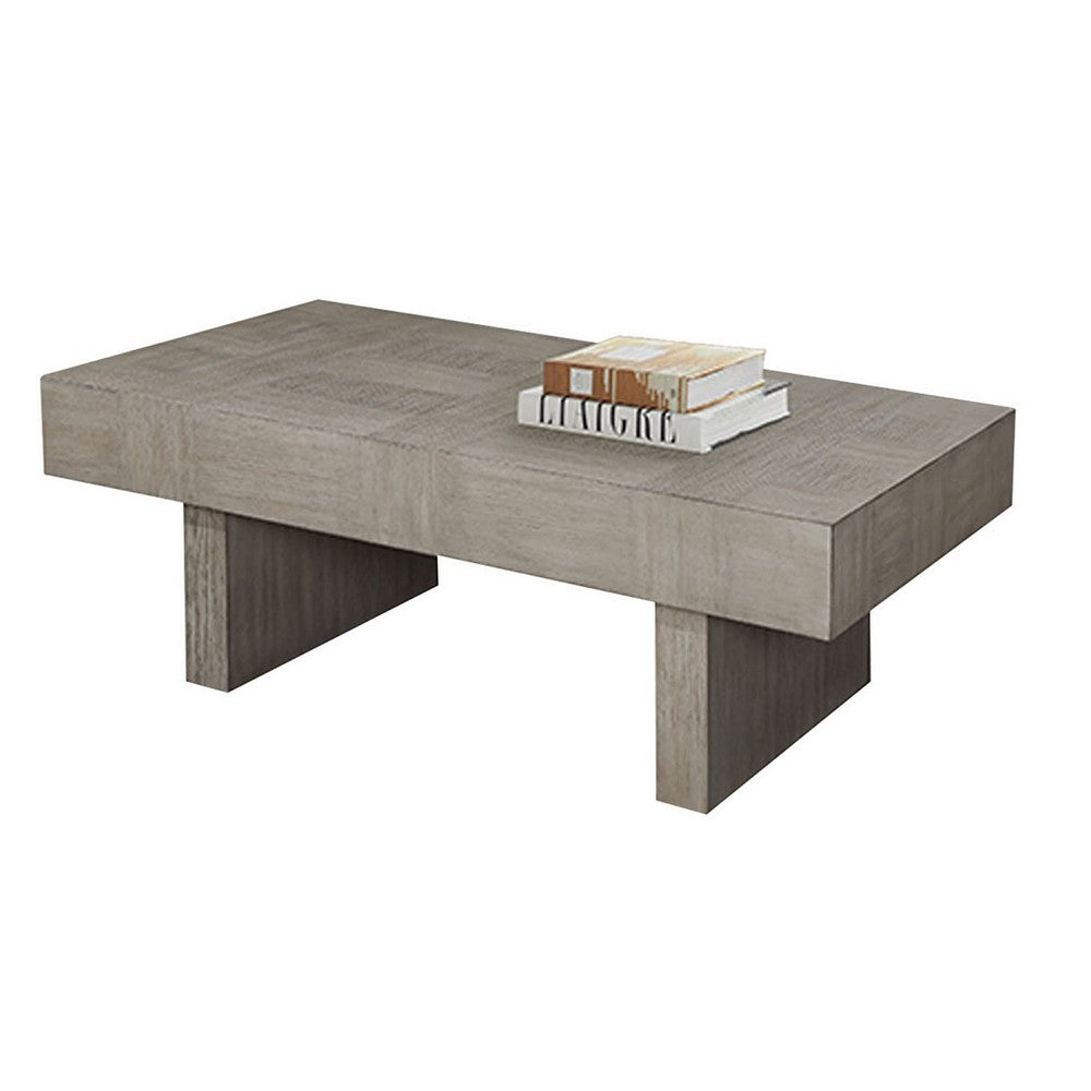 Benjara Lezy Coffee Table, 52 Inch, Gray Oak Wood Top, Double Pedestal Base