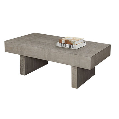 Benjara Lezy Coffee Table, 52 Inch, Gray Oak Wood Top, Double Pedestal Base