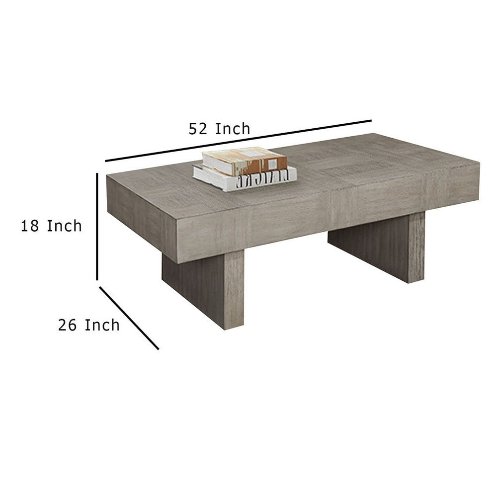 Benjara Lezy Coffee Table, 52 Inch, Gray Oak Wood Top, Double Pedestal Base