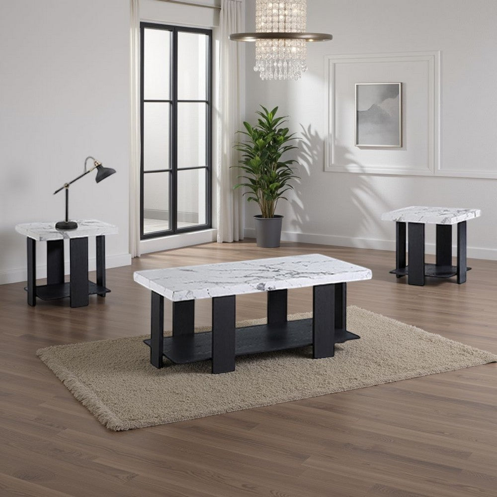 Benjara Birz 3pc Coffee And Side End Table Set, Beige Wood Top, Gray Base