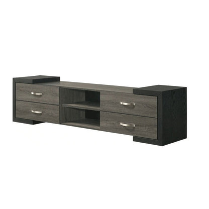 Benjara Teny TV Stand Media Cabinet, 70 Inch, 4 Drawers, Black Edge, Gray Wood