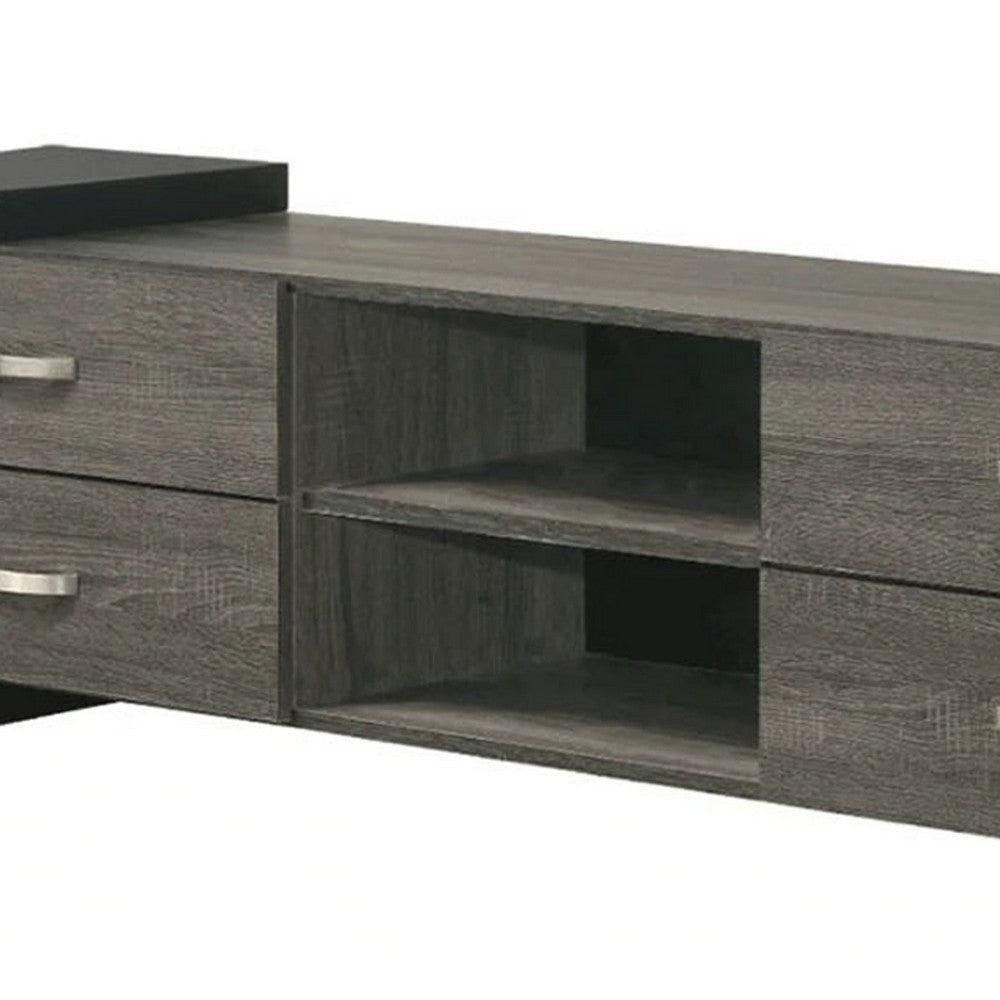 Benjara Teny TV Stand Media Cabinet, 70 Inch, 4 Drawers, Black Edge, Gray Wood