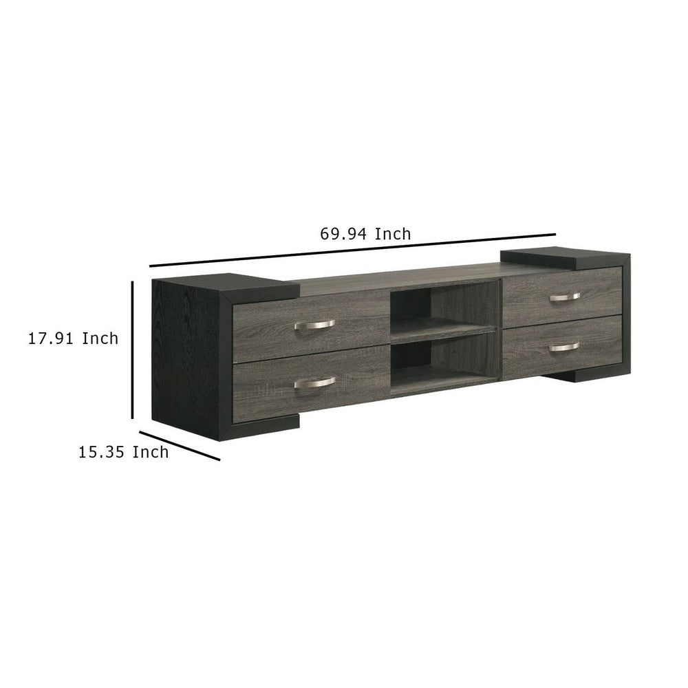 Benjara Teny TV Stand Media Cabinet, 70 Inch, 4 Drawers, Black Edge, Gray Wood