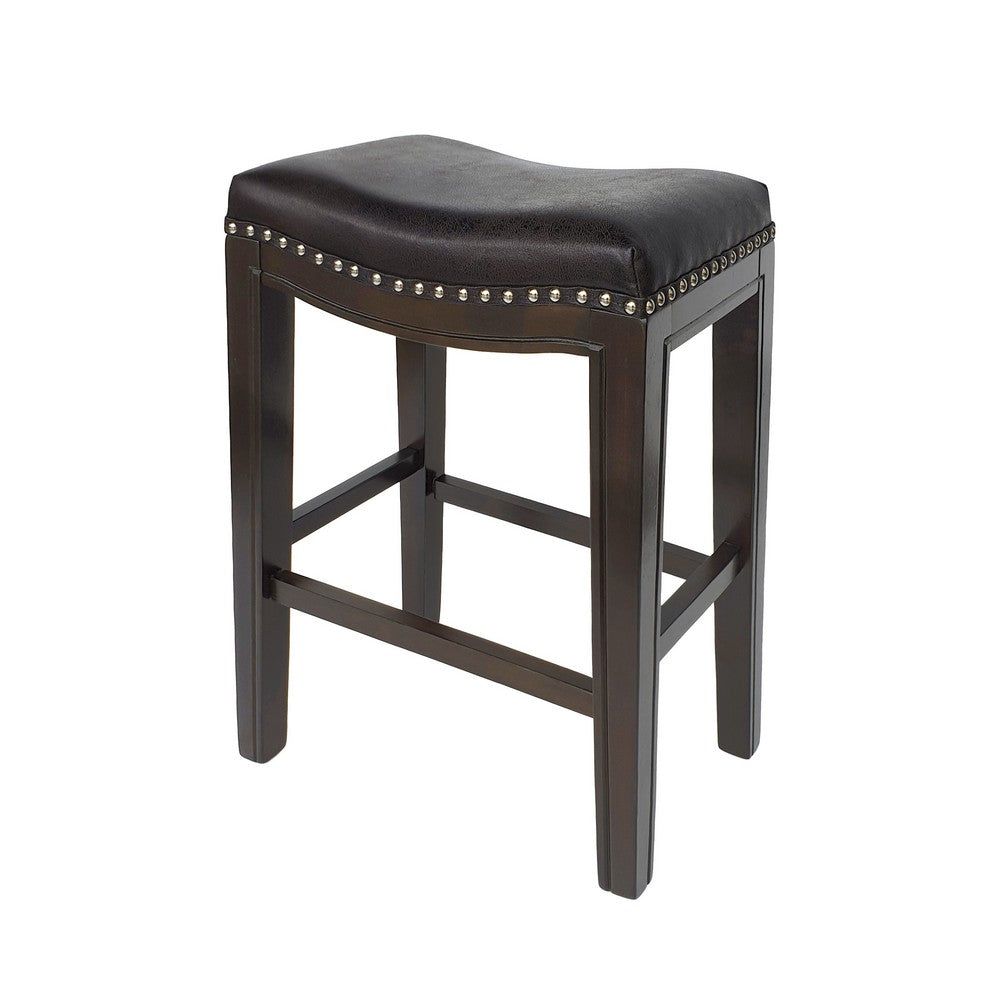 Benjara Feine Counter Stool Set of 2, Gray Faux Leather Saddle Seat, Brown