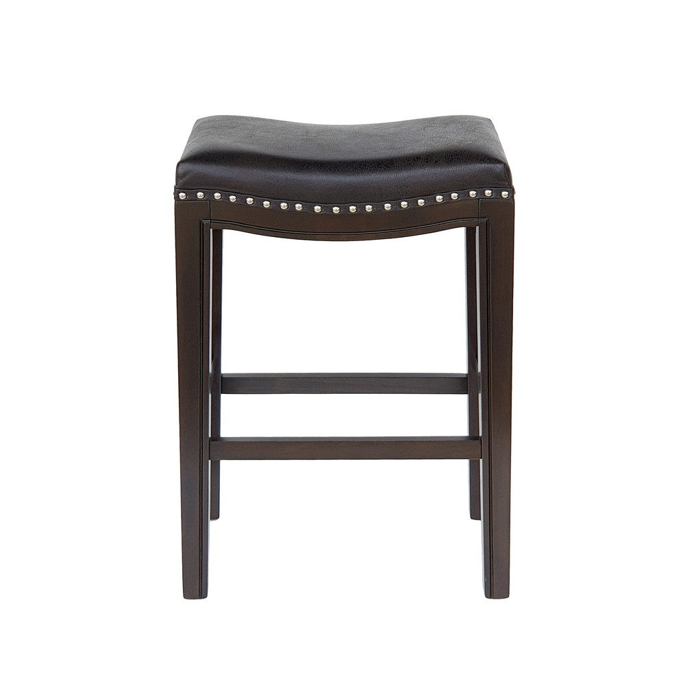 Benjara Feine Counter Stool Set of 2, Gray Faux Leather Saddle Seat, Brown