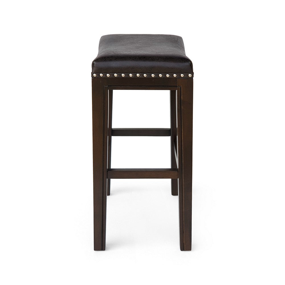 Benjara Feine Counter Stool Set of 2, Gray Faux Leather Saddle Seat, Brown