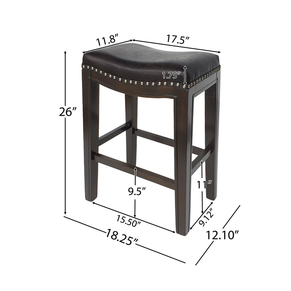 Benjara Feine Counter Stool Set of 2, Gray Faux Leather Saddle Seat, Brown