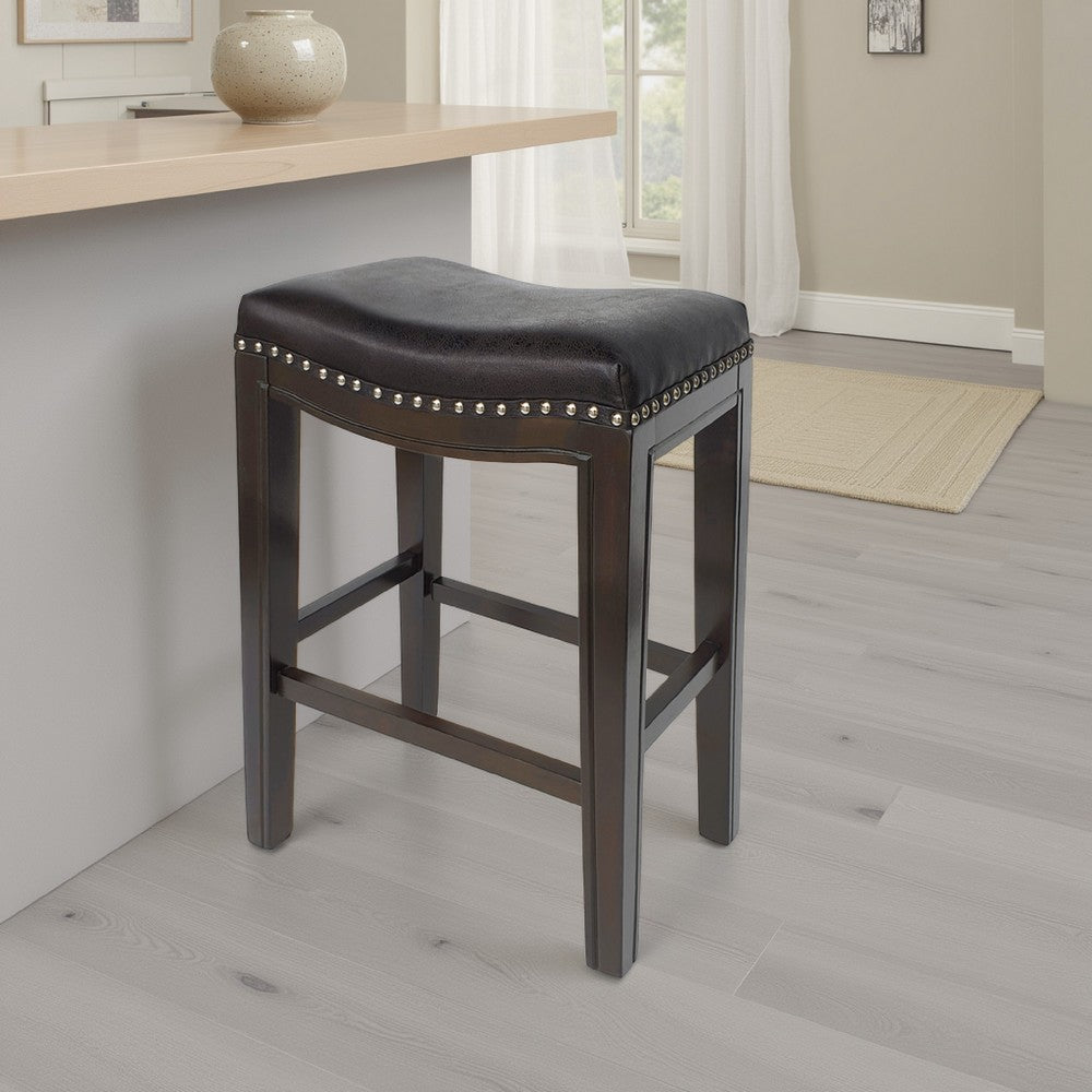 Benjara Feine Counter Stool Set of 2, Gray Faux Leather Saddle Seat, Brown