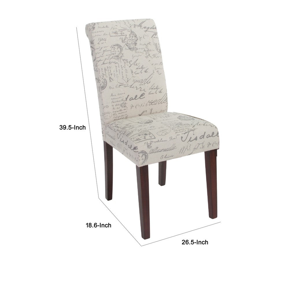 Benjara Dining Chair Set of 2, Beige Linen, Dark Brown Hardwood, Rolled Back