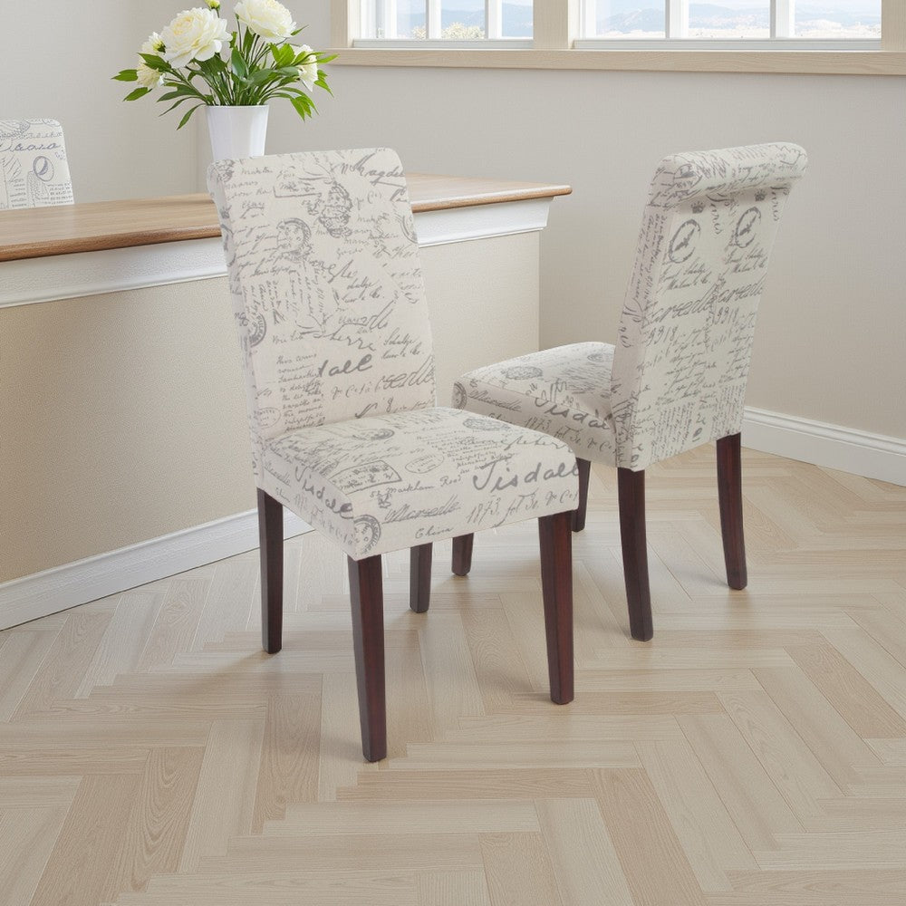 Benjara Dining Chair Set of 2, Beige Linen, Dark Brown Hardwood, Rolled Back