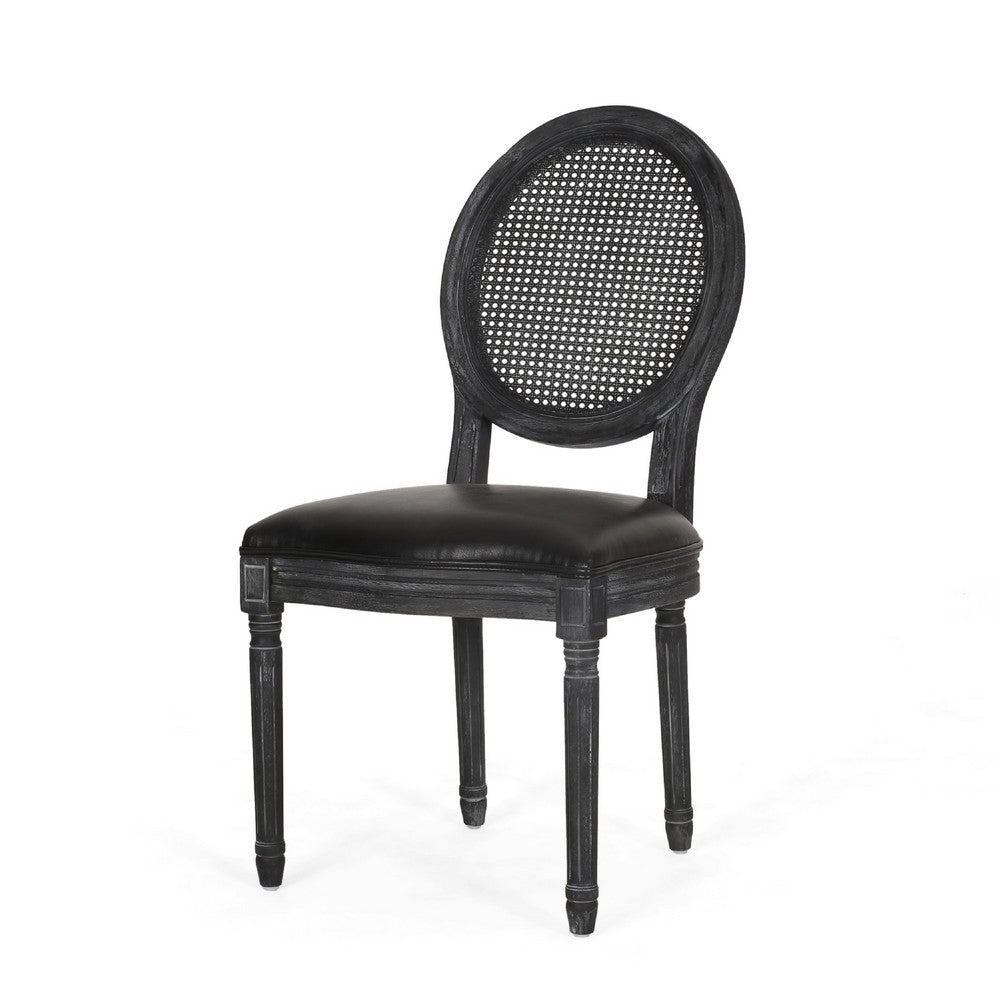 Benjara French Country Dining Side Chair Set of 2, Black Wood, Round Cane Back