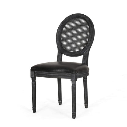 Benjara French Country Dining Side Chair Set of 2, Black Wood, Round Cane Back