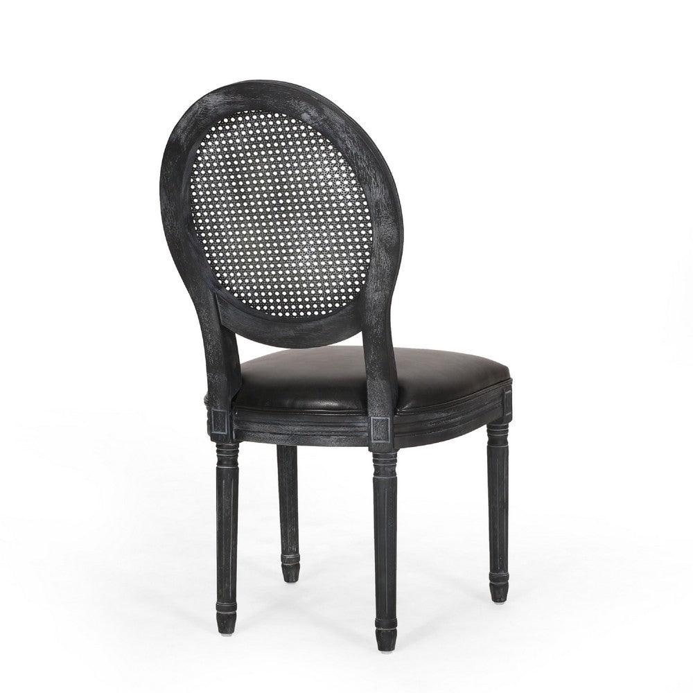 Benjara French Country Dining Side Chair Set of 2, Black Wood, Round Cane Back