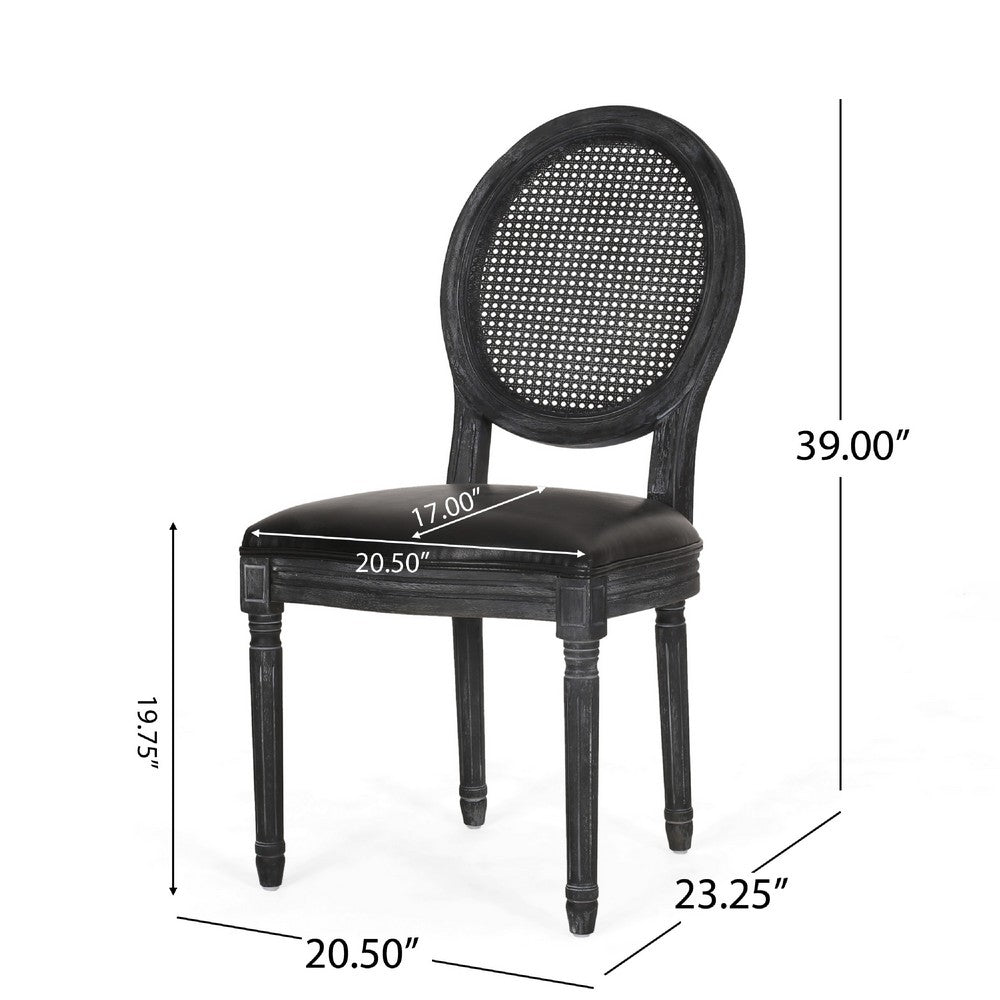 Benjara French Country Dining Side Chair Set of 2, Black Wood, Round Cane Back