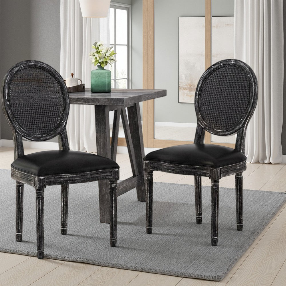 Benjara French Country Dining Side Chair Set of 2, Black Wood, Round Cane Back