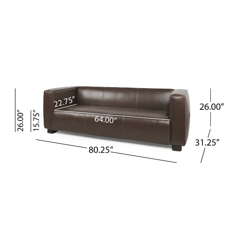 Benjara 3 Seater Sofa, Low Profile Dark Brown Faux Leather, Birch, 80 Inch