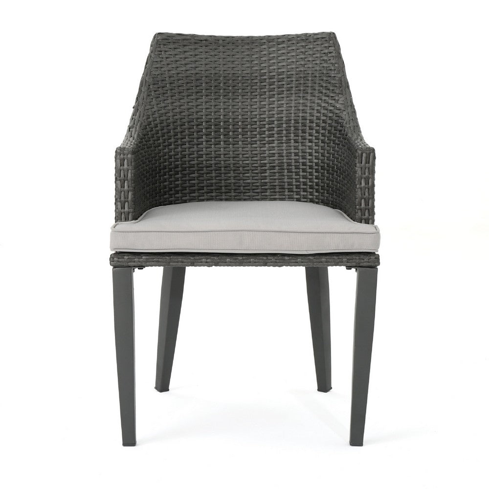 Benjara Ellish Outdoor Dining Armchair Set of 2, Gray Faux Wicker, Metal Frame
