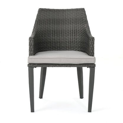 Benjara Ellish Outdoor Dining Armchair Set of 2, Gray Faux Wicker, Metal Frame