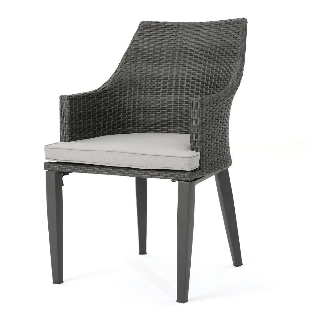 Benjara Ellish Outdoor Dining Armchair Set of 2, Gray Faux Wicker, Metal Frame
