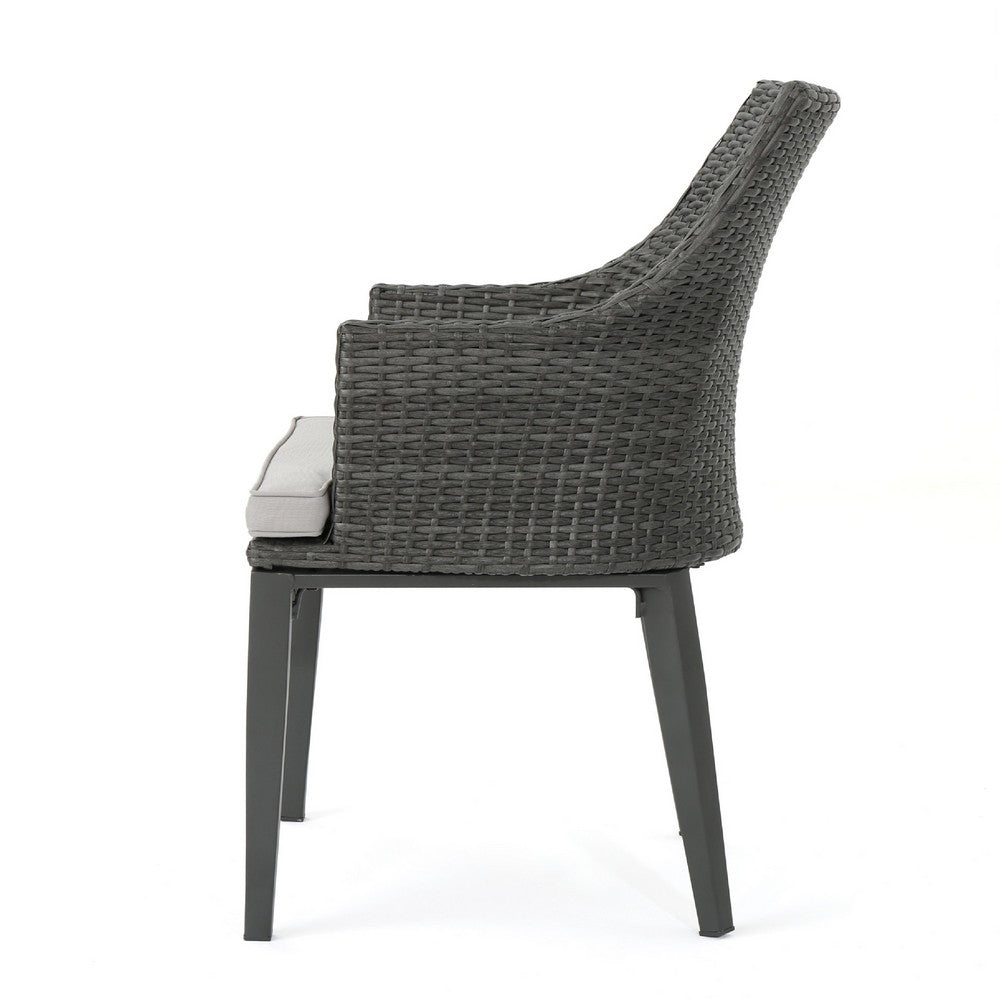Benjara Ellish Outdoor Dining Armchair Set of 2, Gray Faux Wicker, Metal Frame