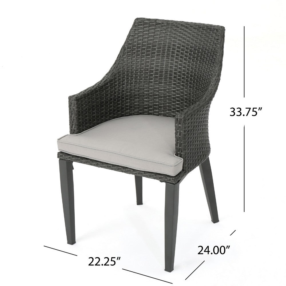 Benjara Ellish Outdoor Dining Armchair Set of 2, Gray Faux Wicker, Metal Frame