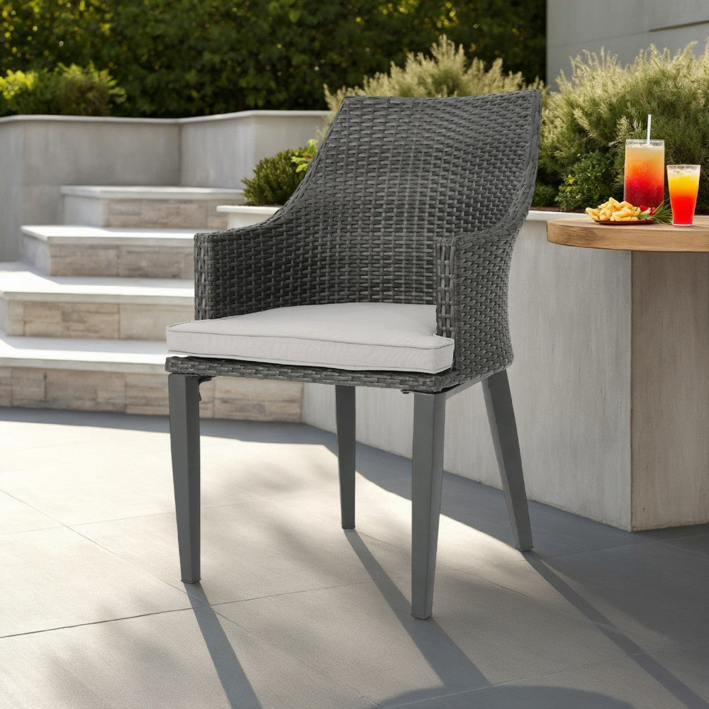 Benjara Ellish Outdoor Dining Armchair Set of 2, Gray Faux Wicker, Metal Frame