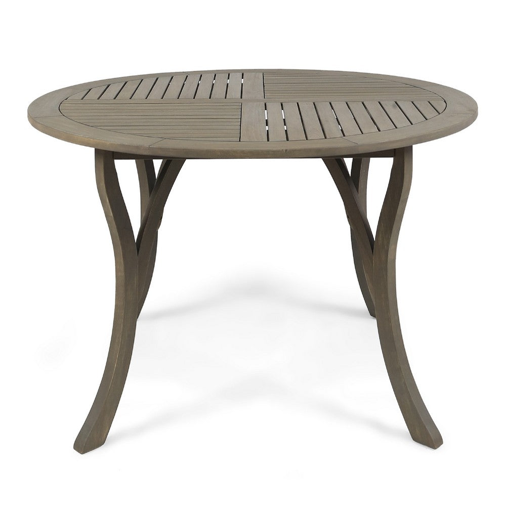 Benjara Olen Outdoor Round Dining Table, Curved Legs, Gray Acacia Wood 47 Inch
