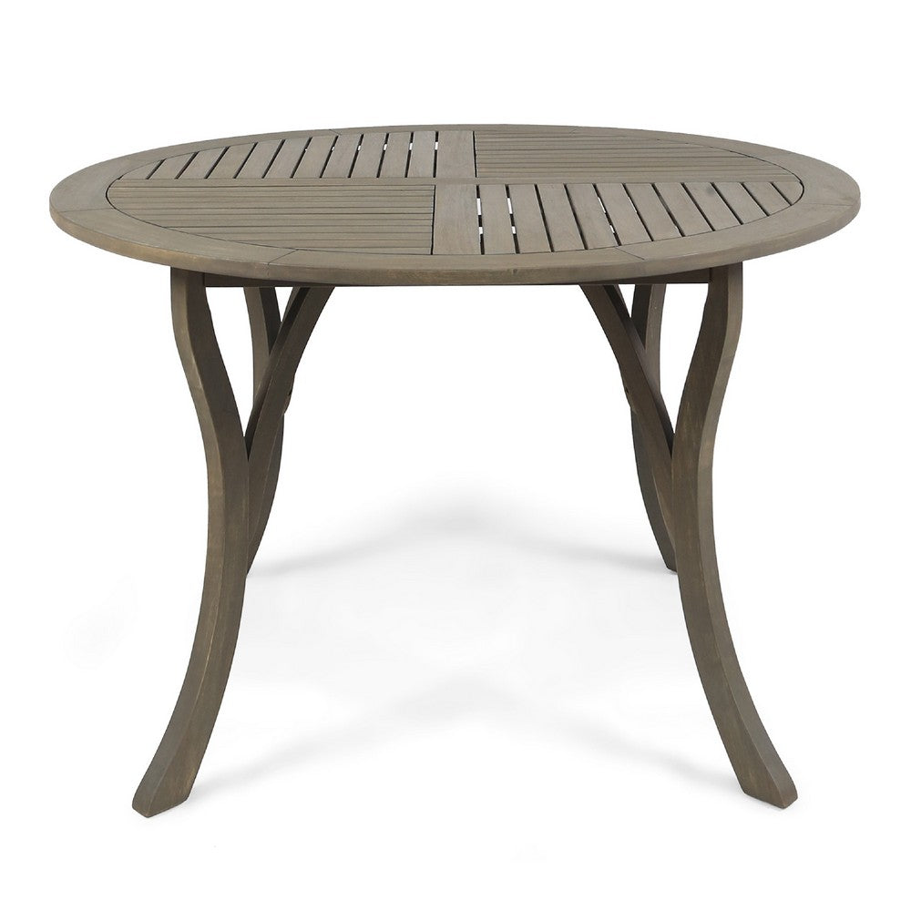 Benjara Olen Outdoor Round Dining Table, Curved Legs, Gray Acacia Wood 47 Inch