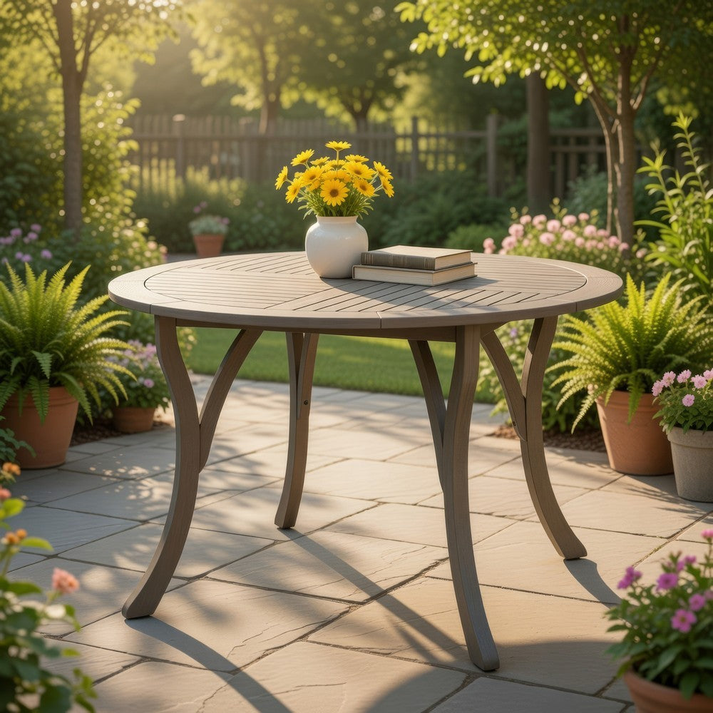 Benjara Olen Outdoor Round Dining Table, Curved Legs, Gray Acacia Wood 47 Inch