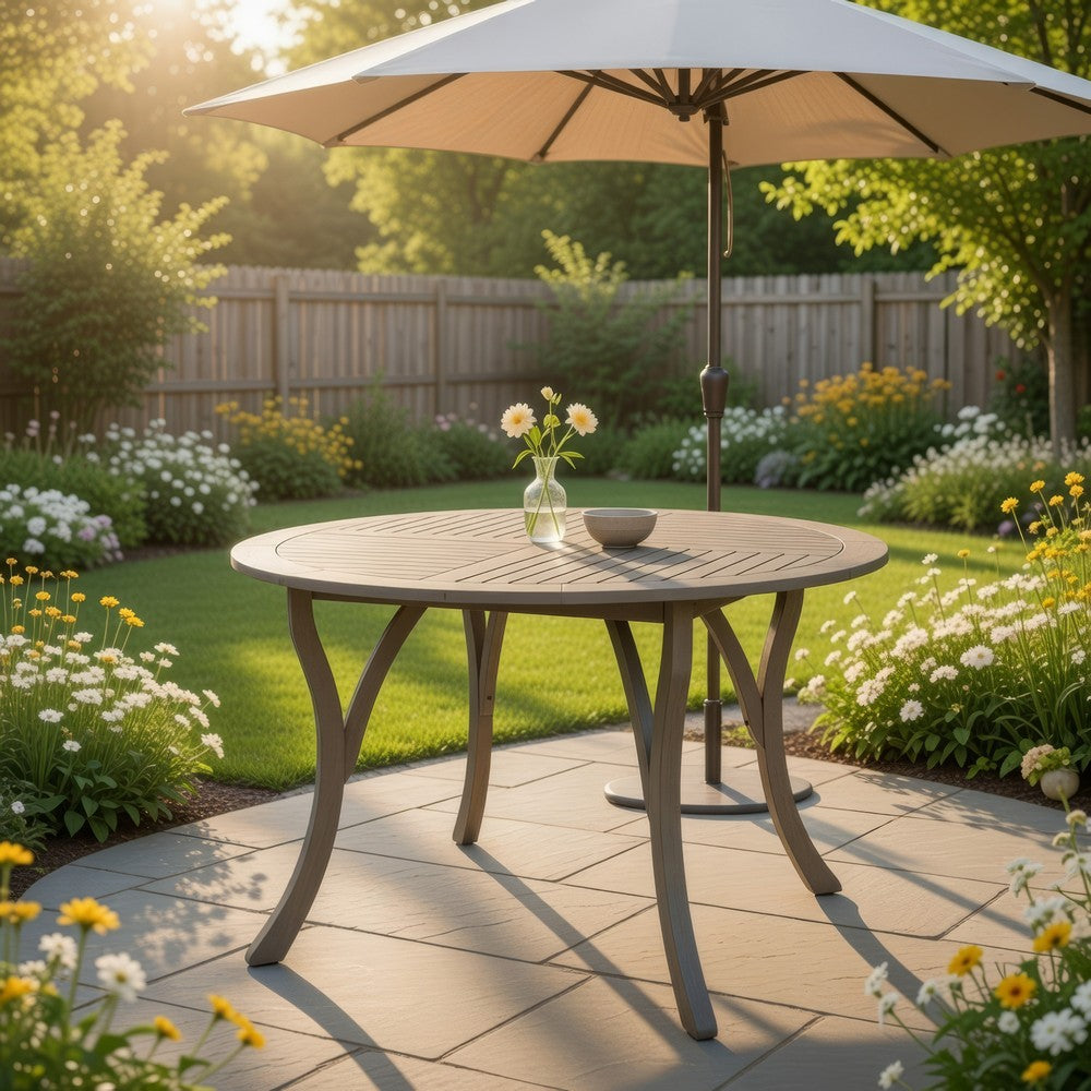 Benjara Olen Outdoor Round Dining Table, Curved Legs, Gray Acacia Wood 47 Inch